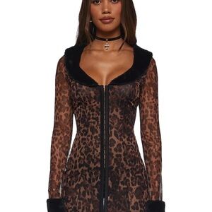 Leopard Print Sheer Dress with Black Trim